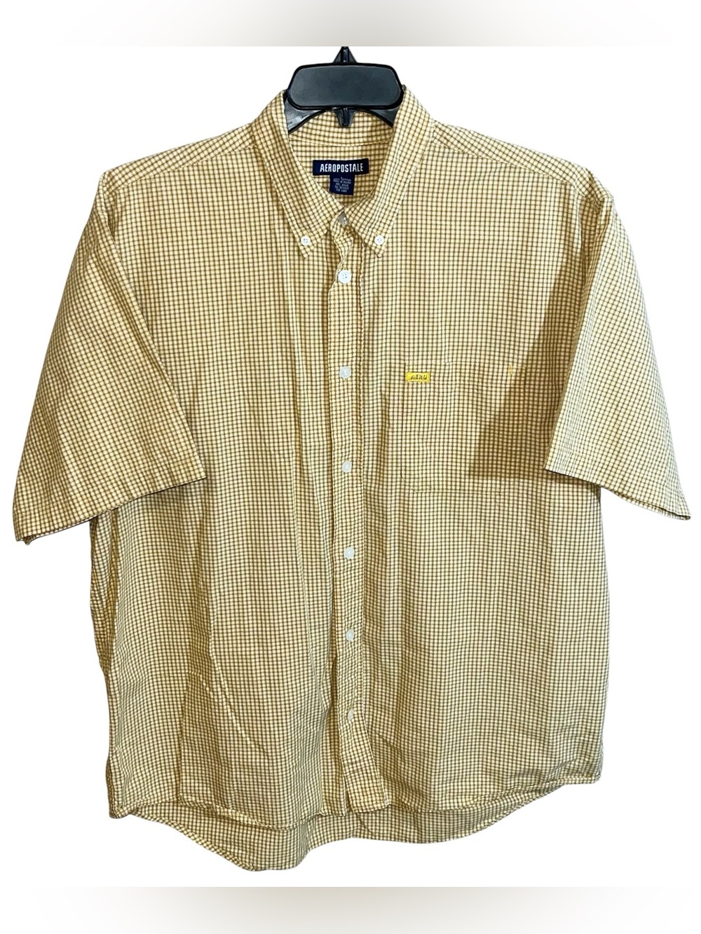 Aeropostale Button Front Short Sleeve Shirt Men’s L Yellow White Blue Checks
